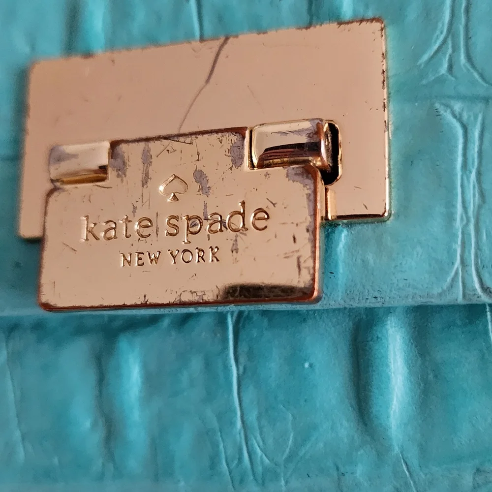 Kate Spade Accordian Flap Leather Wallet Croc Embossed Teal Preppy Chic